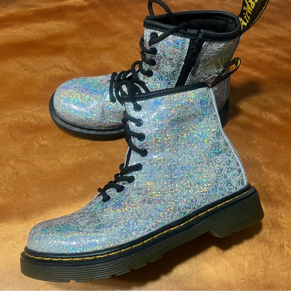 Dr. Martens Silver Combat Boots Holographic Finish Size 1 style 1460